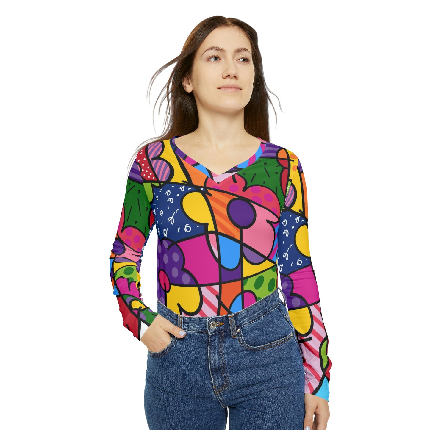 Flowers Women's Long Sleeve V-neck Shirt (AOP)