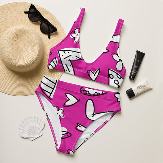 Magenta Recycled high-waisted bikini swimming set