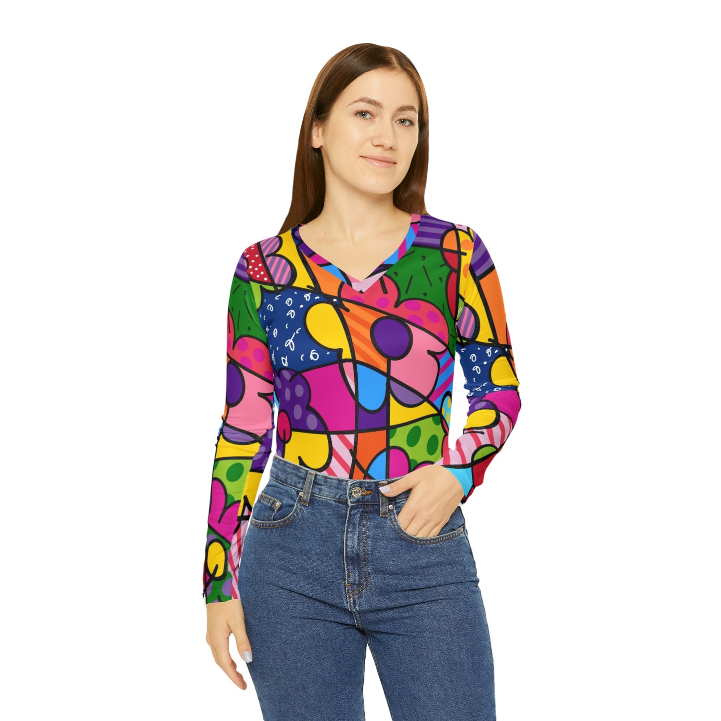 Flowers Women's Long Sleeve V-neck Shirt (AOP)